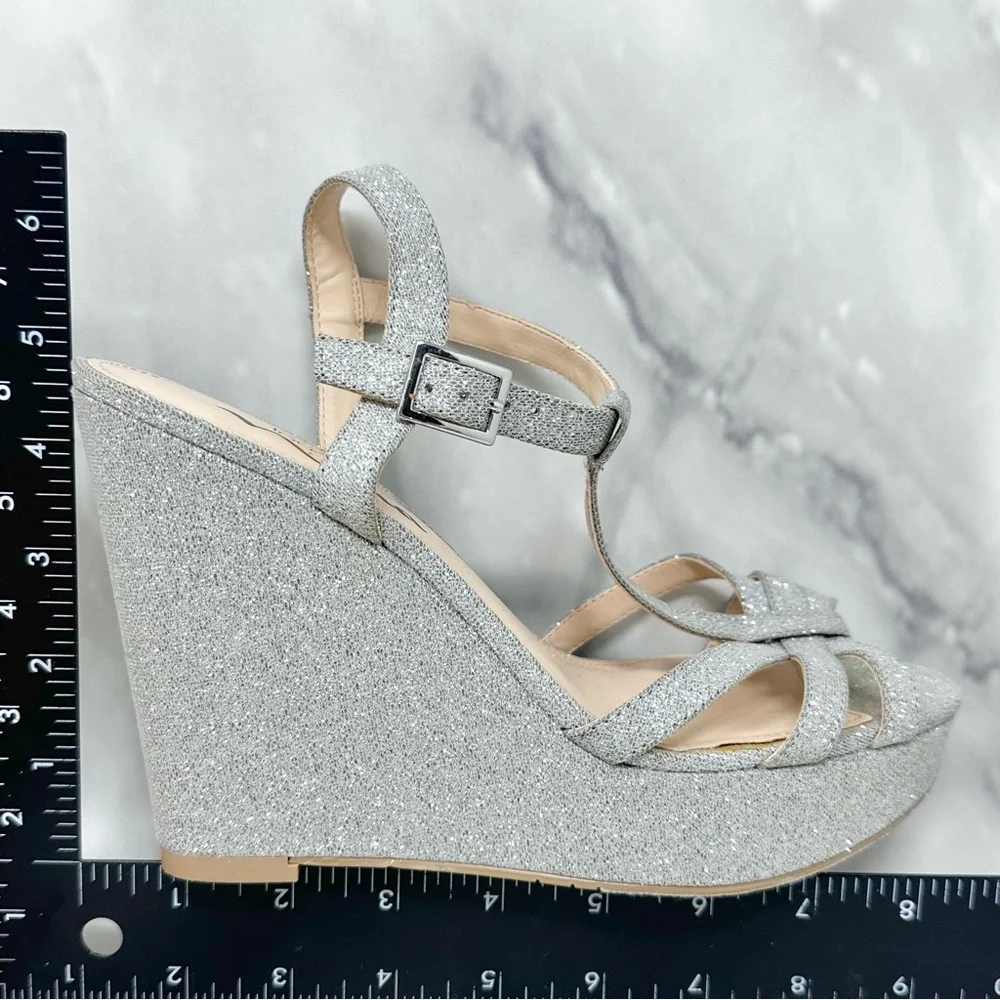 Nina Valery Silver Glitter Metallic Wedge Heel Strappy Sandal Shoes 7.5